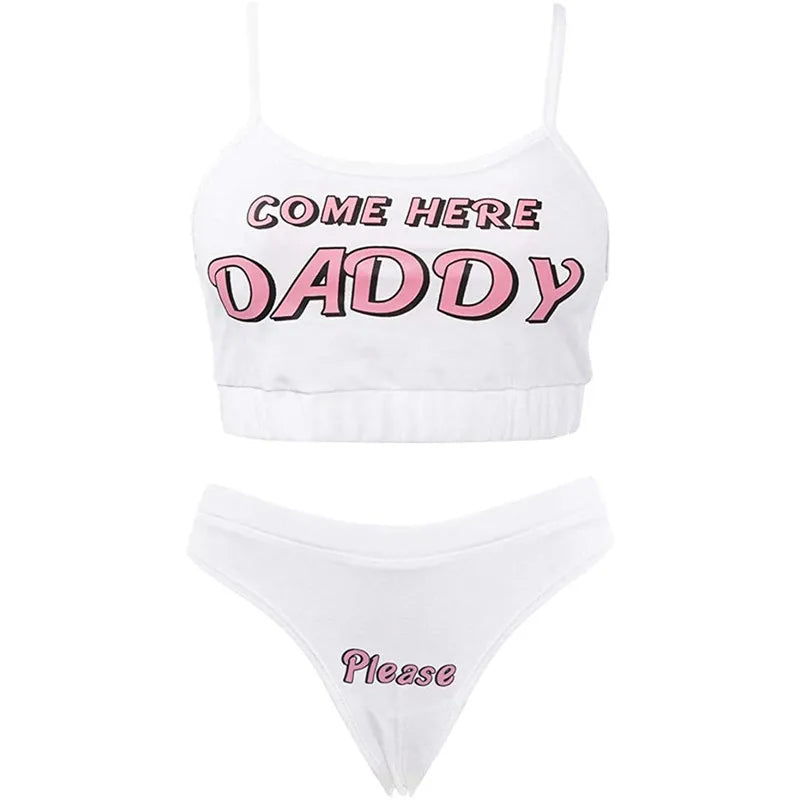 Two piece set Fashion COME HERE DADDY Letter Print Tank Top Sexy Sleeveless Summer Harajuku Kawaii Cropped Feminino Bikini 2023