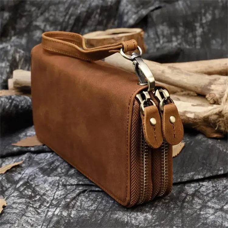 Retro Crazy Horse Leather Double Zipper Wallet for Men & Women - VacationGrabs