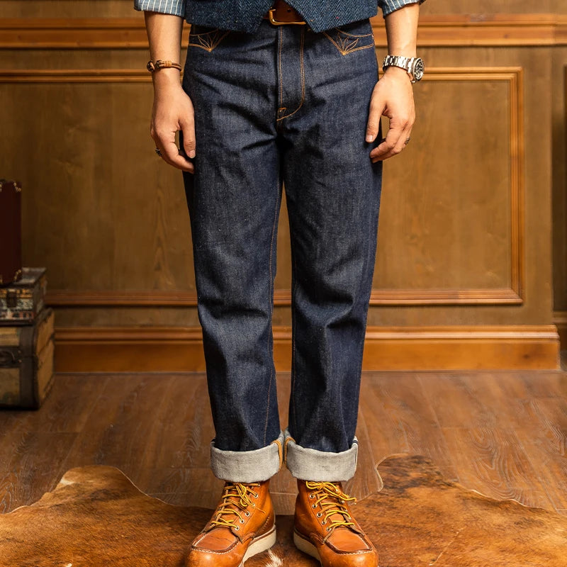 Person wearing dark blue jeans and brown shoes in a wooden interior setting