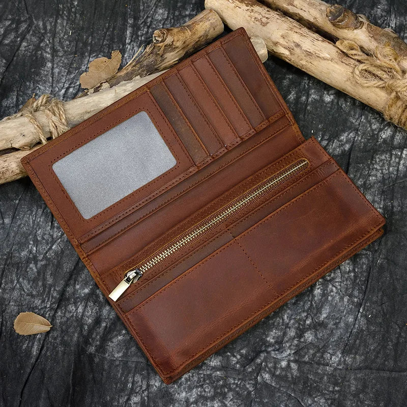 Vintage Crazy Horse Leather Long Wallet – Men's & Women's Bifold