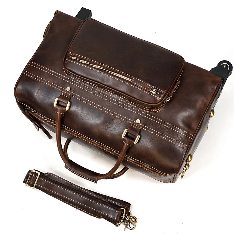 Rolling Genuine leather hand luggage travel bag with wheels