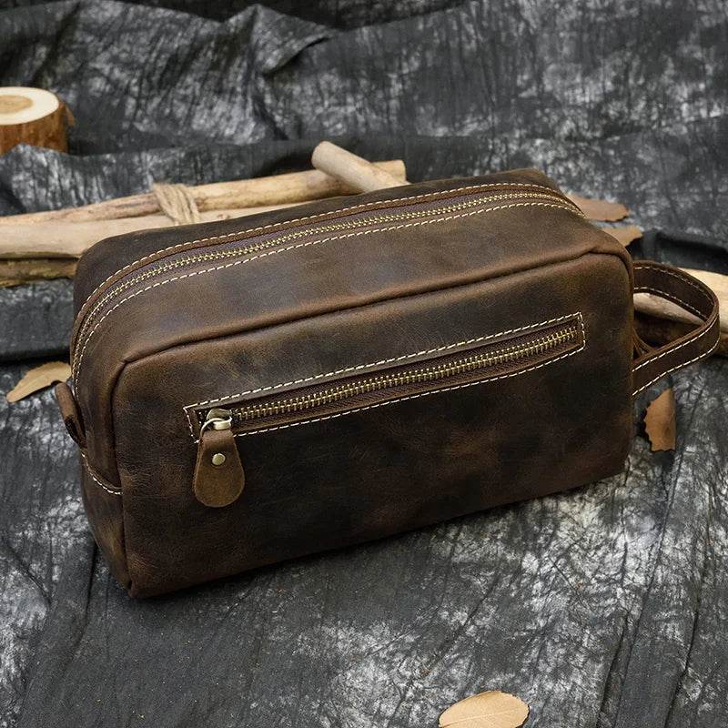 Crazy Horse Genuine Leather Small Travel Toiletry Bag - VacationGrabs
