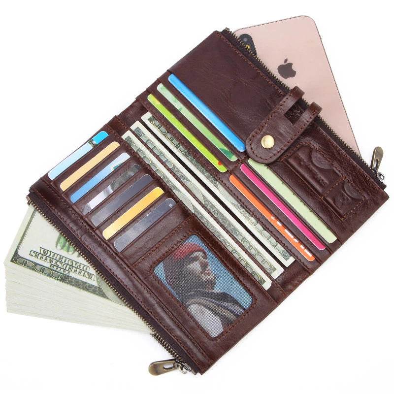 Casual Men’s Leather Wallet Long Bifold with Zippered Pockets - VacationGrabs
