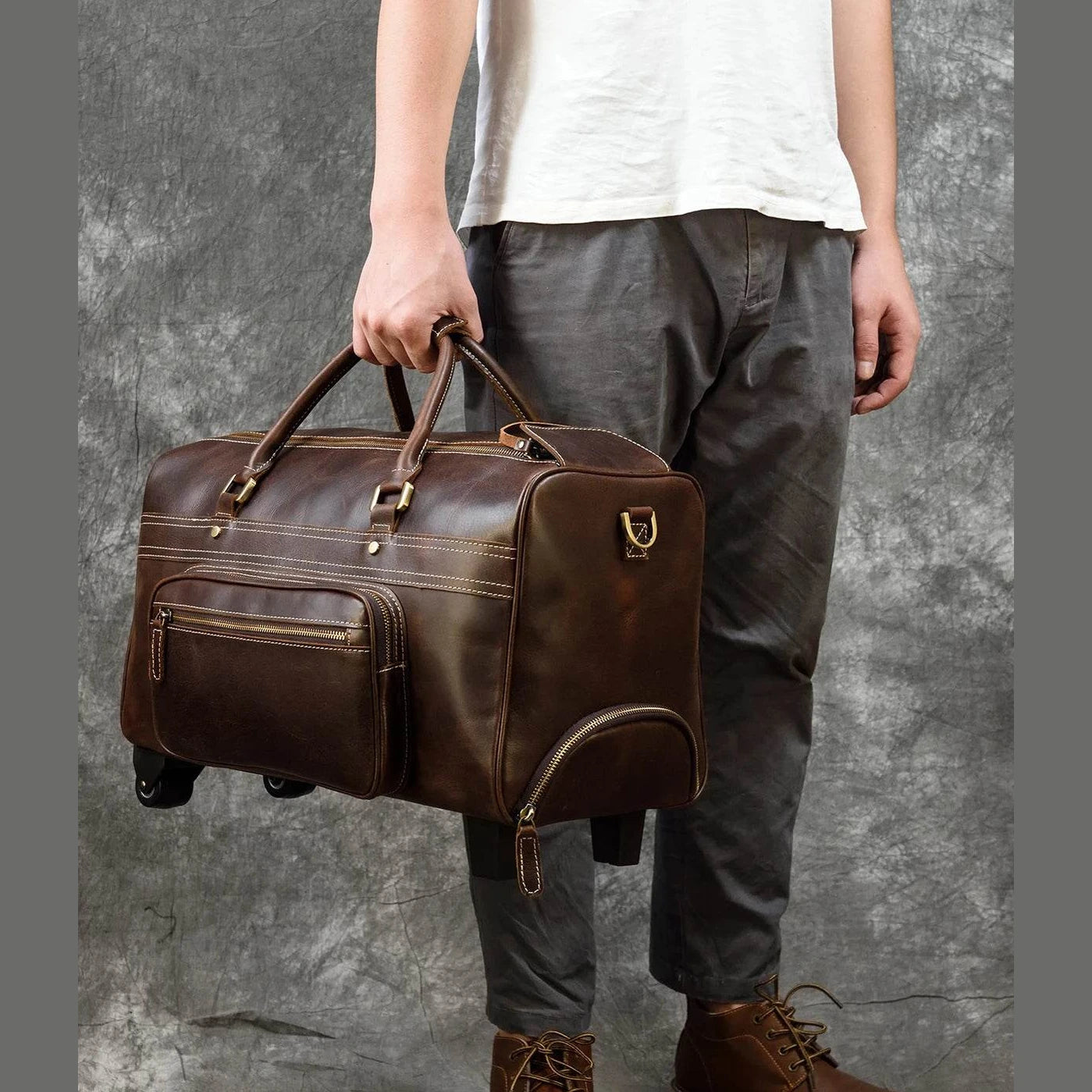 Genuine Leather Rolling Travel Bag with Wheels Men & Women - VacationGrabs