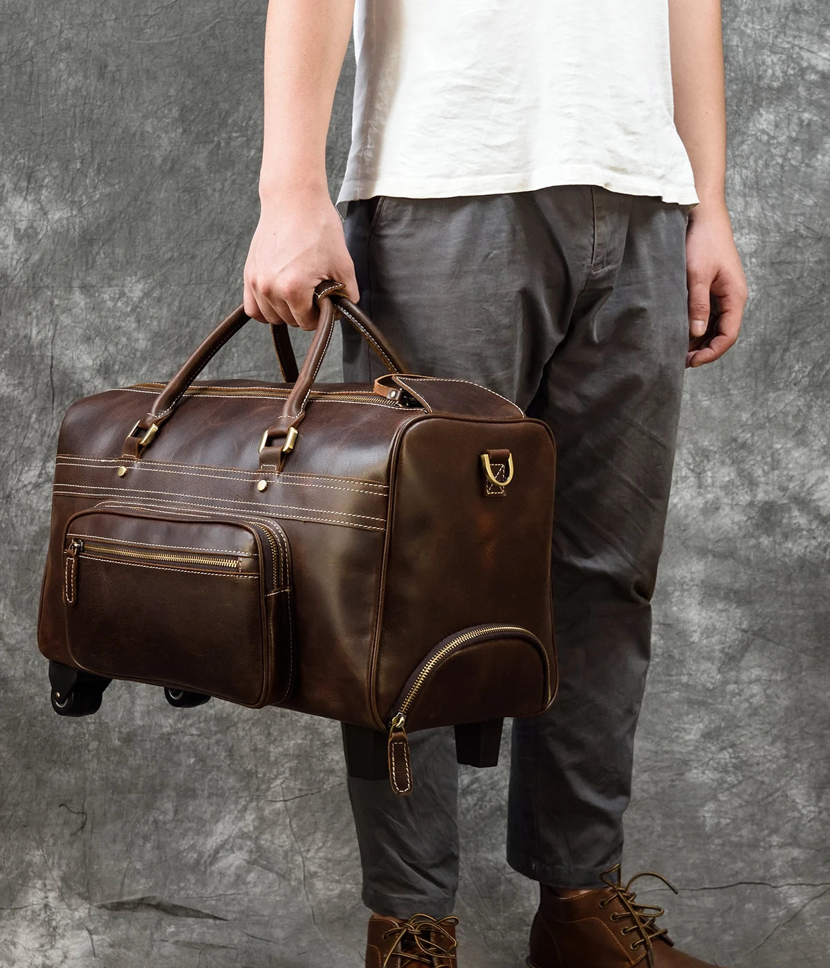 Rolling Genuine leather hand luggage travel bag with wheels