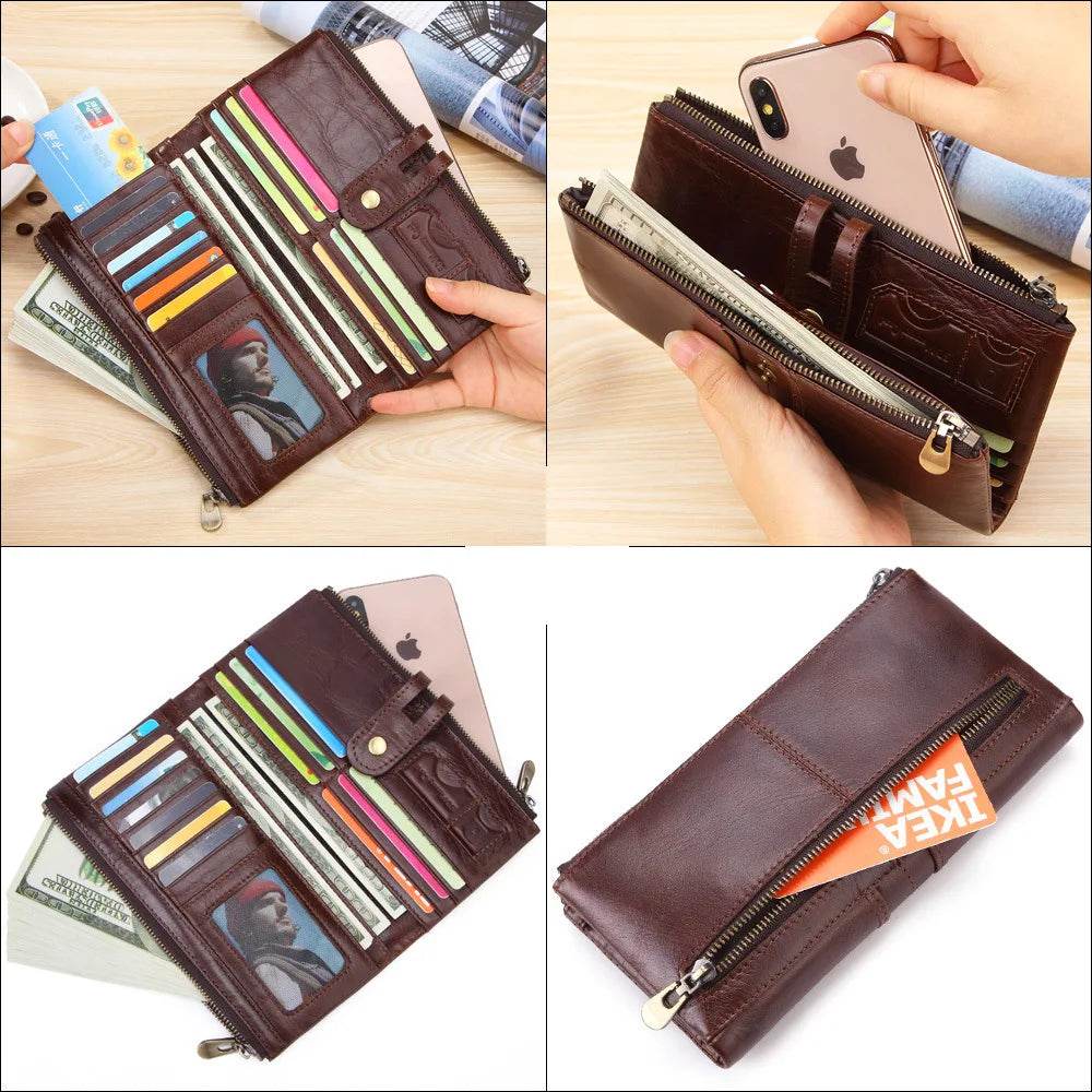 Casual Men’s Leather Wallet Long Bifold with Zippered Pockets - VacationGrabs