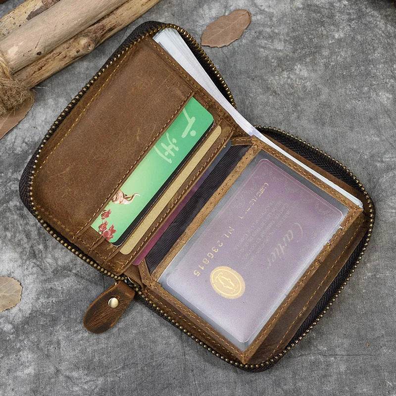 Retro Men's Short Wallet Vintage Cow Leather Zipper Credit Card Holder - VacationGrabs