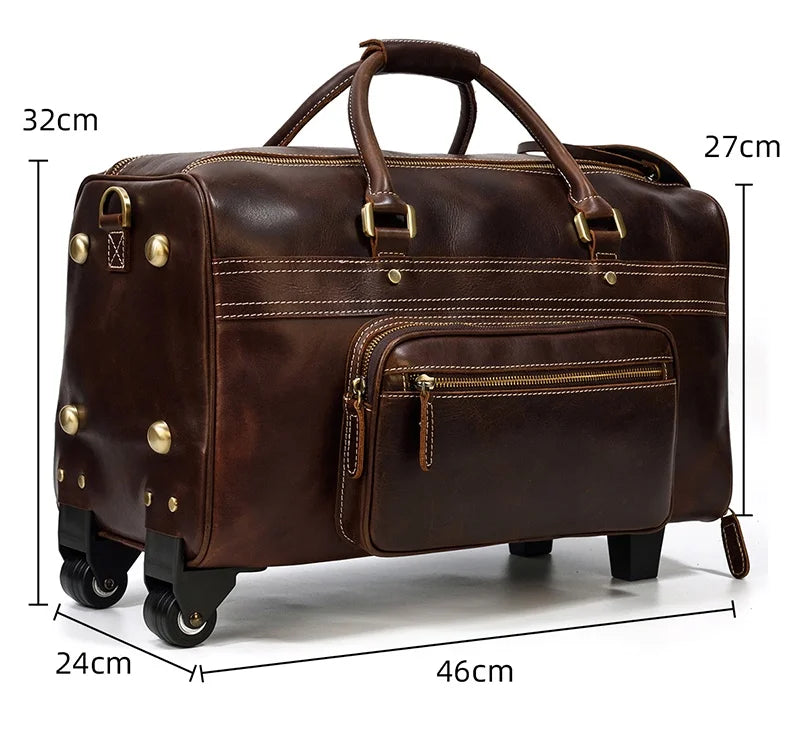 Rolling Genuine leather hand luggage travel bag with wheels