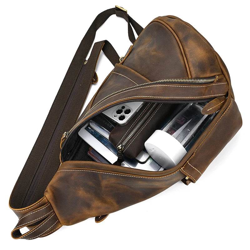 Leather Sling Bag for Biker Men Crossbody Chest Pack - VacationGrabs
