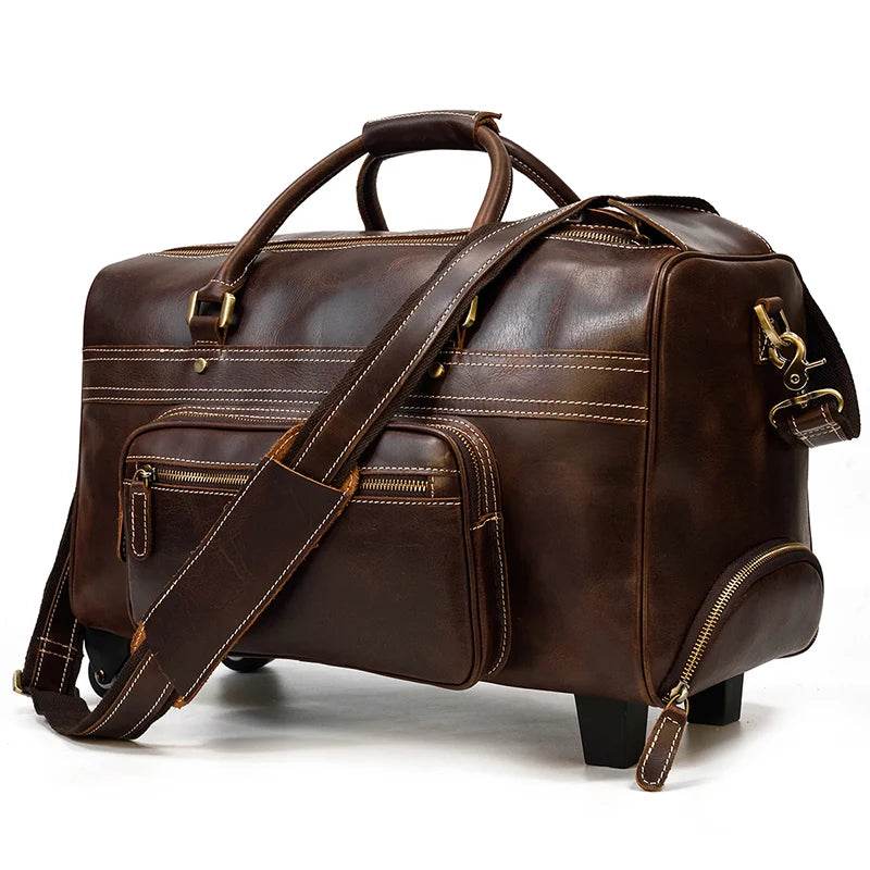 Large Genuine Leather Trolley Duffel – Rolling Luggage Bag - VacationGrabs