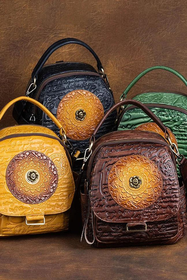  Retro Leather Backpack Embossed Flower Bag 4 Vintage Colors Women's