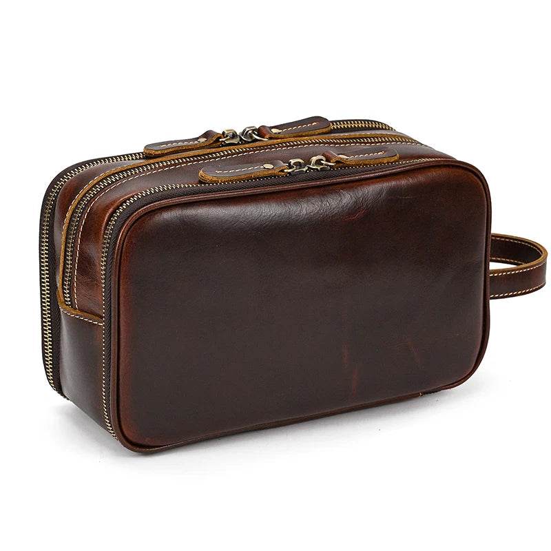 Thick Leather Clutch Bag for Men Genuine Leather Toiletry Kit Bag - VacationGrabs