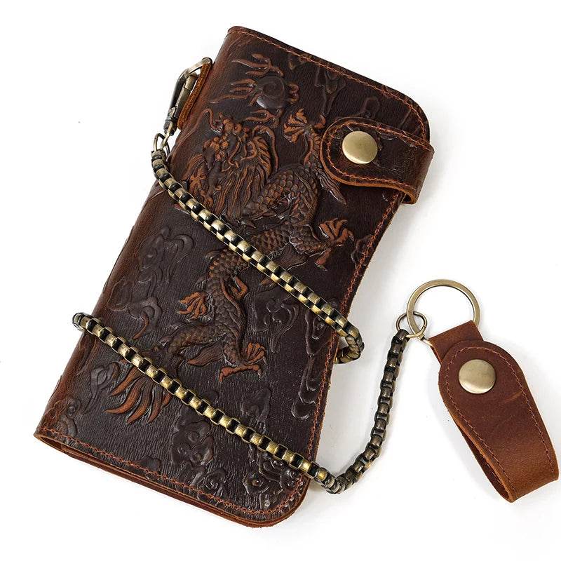 Genuine Leather Long Wallet with Wrist Belt Strap Chain Wallet Gift - VacationGrabs