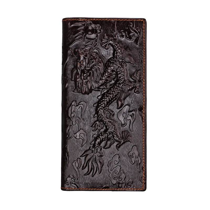 3D Dragon Style Genuine Leather Long Wallet for Men, Bifold Fashion - VacationGrabs