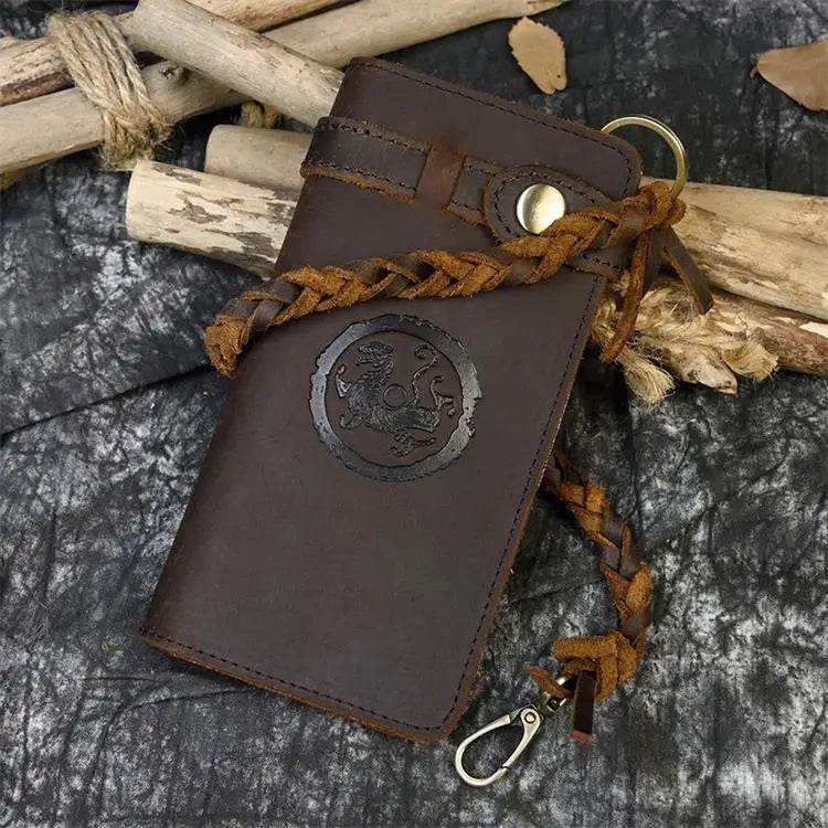 Fashionable Leather Long Wallet with Braided Strap and Coin Inner Zipper - VacationGrabs