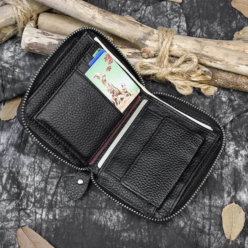 Retro Men's Short Wallet Vintage Cow Leather Zipper Credit Card Holder - VacationGrabs
