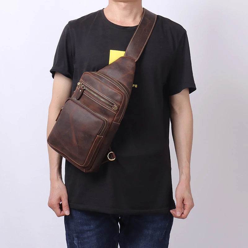 Crazy Horse Leather Men’s Chest Bag Top Layer Cowhide Sling - VacationGrabs