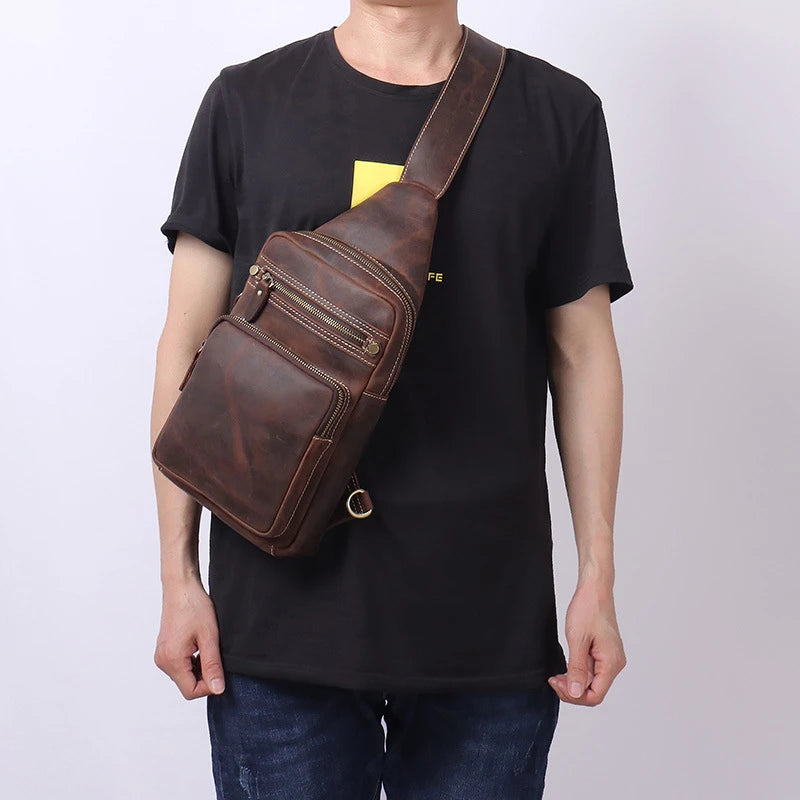 Retro Handmade Big Chest Bag for Men Real Cowhide Leather Crazy Horse Leather Sling Bag Male Chest Pack