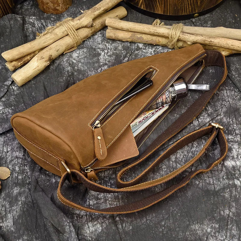 Unique Leather Chest Bag Crossbody Crazy Horse Leather Sling Bag Vintage Fashion Crossbody Bag Chest Pack For Man ox horn bag