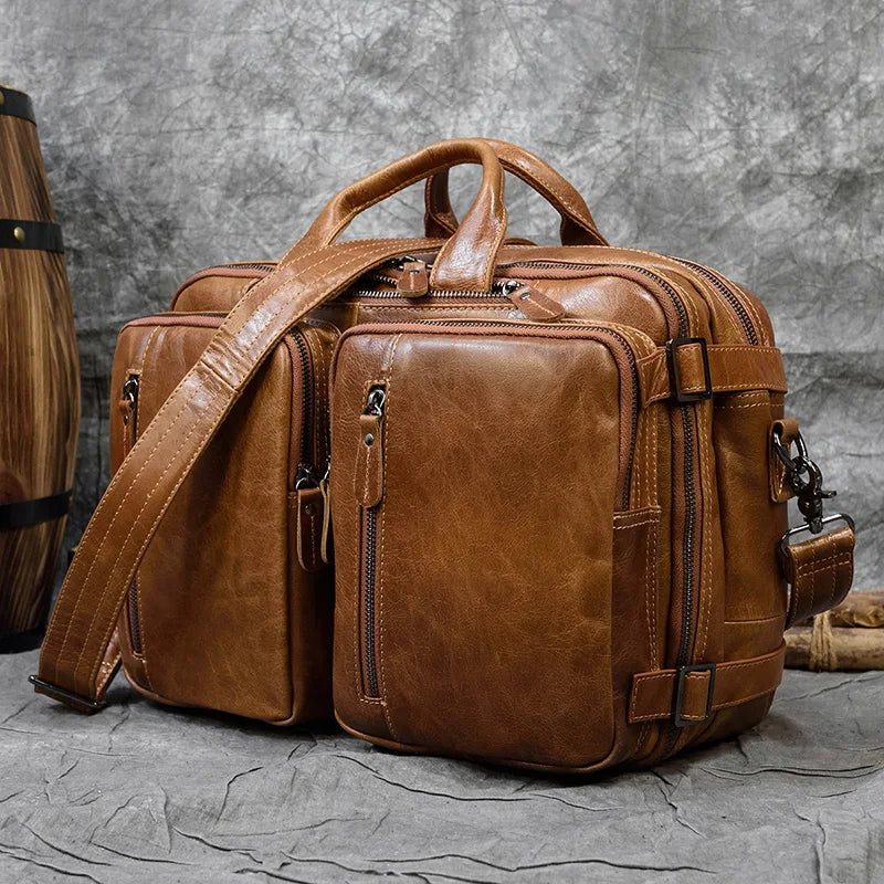High Quality Leather Backpack Double Zipper Cowhide Backpacks Brief Case Travel Office Dual Use Shoulder Bags Pure Leather