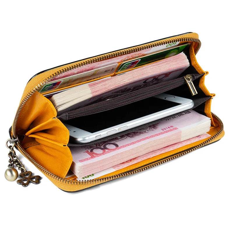 RFID Ladies Leather Wallet Top Layer Cowhide Zippered Clutch Bag - VacationGrabs