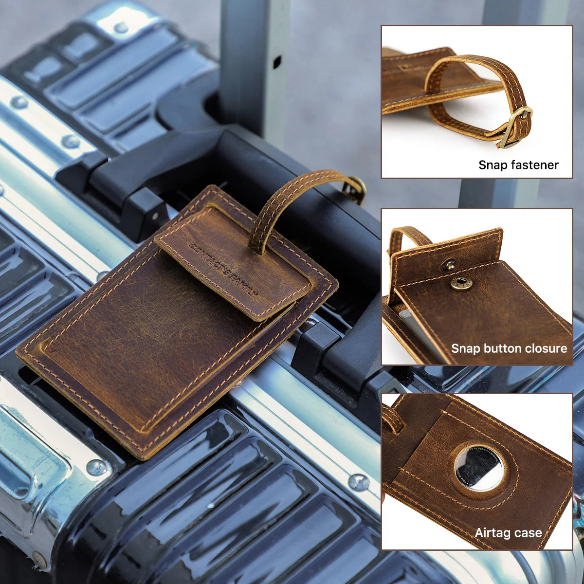 Leather Luggage Tag With Airtag Pocket Travel Accessories Name ID Address Tags
