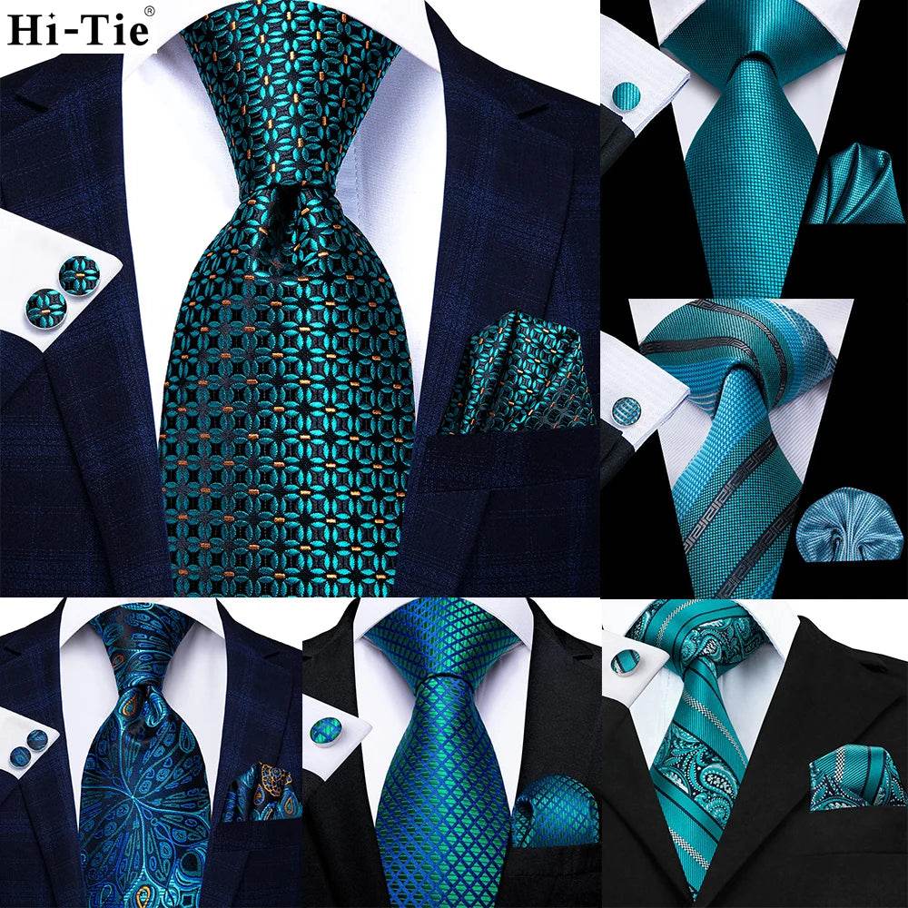 Teal Blue Dot Stripe Silk Tie Set for Men - VacationGrabs