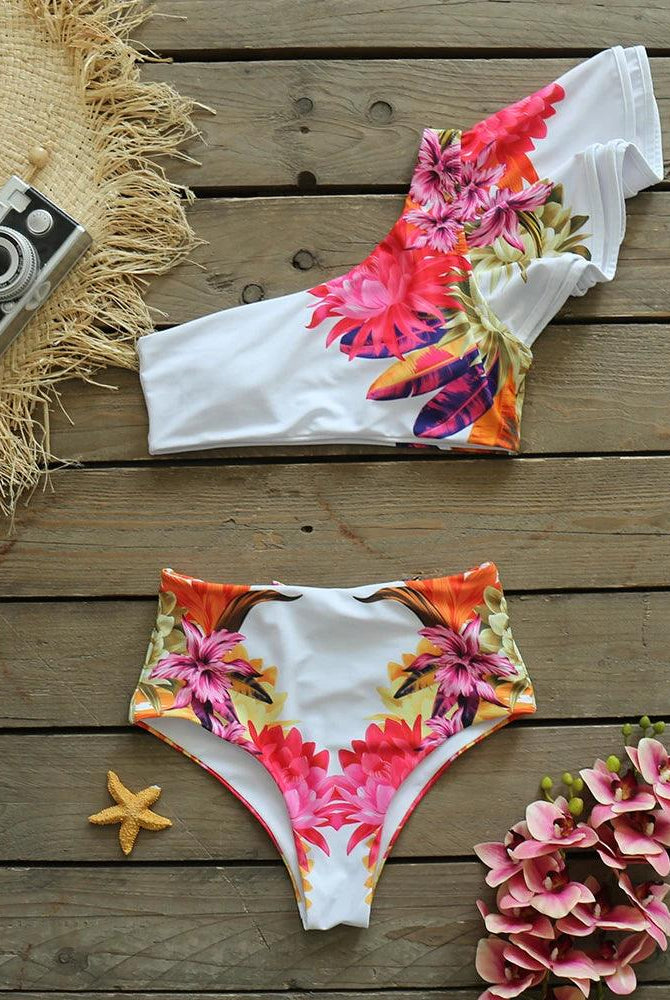 Women's Swimwear - 2PC Floral White Ruffle Bikini Swimsuit