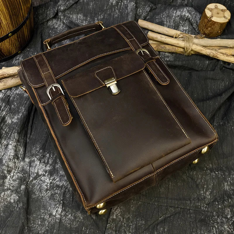 Genuine Leather Men's Backpack Crazy Horse Leather Fit 14" Laptop