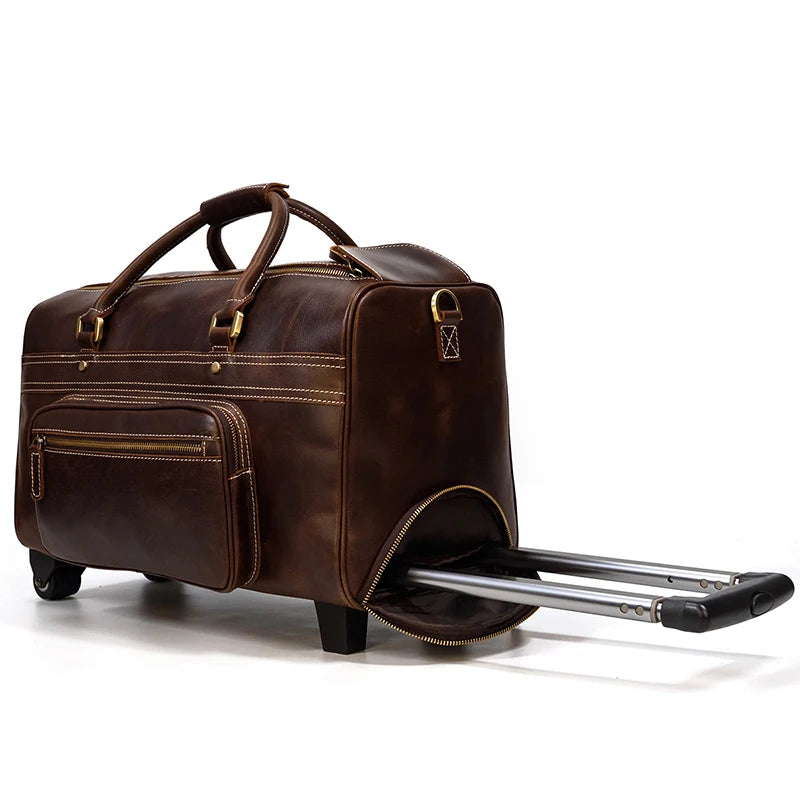 Rolling Genuine leather hand luggage travel bag with wheels