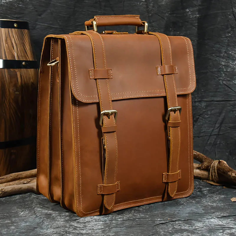 Genuine Leather Men's Backpack Crazy Horse Leather Fit 14" Laptop