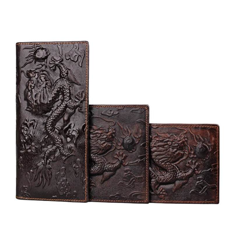 3D Dragon Style Genuine Leather Long Wallet for Men, Bifold Fashion - VacationGrabs