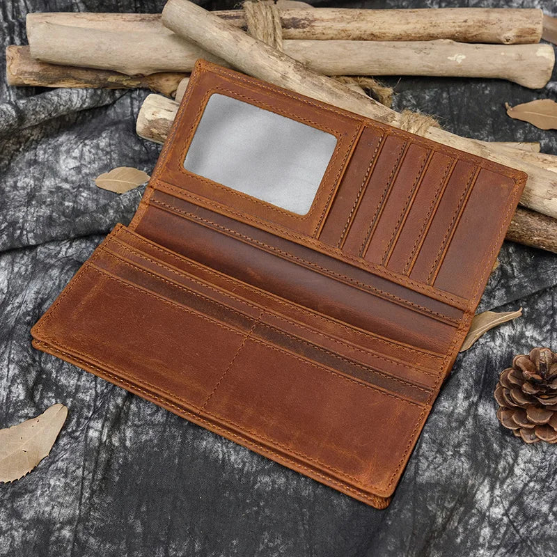 Vintage Crazy Horse Leather Long Wallet – Men's & Women's Bifold