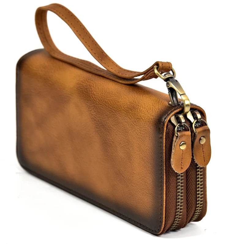 Retro Crazy Horse Leather Double Zipper Wallet for Men & Women - VacationGrabs