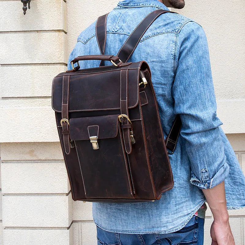 Genuine Leather Men's Backpack Crazy Horse Leather Fit 14" Laptop