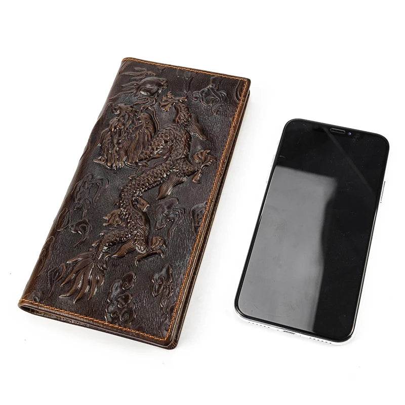 Fashion Genuine Leather Long Wallet 3D Dragon Embossed Men’s Purse - VacationGrabs