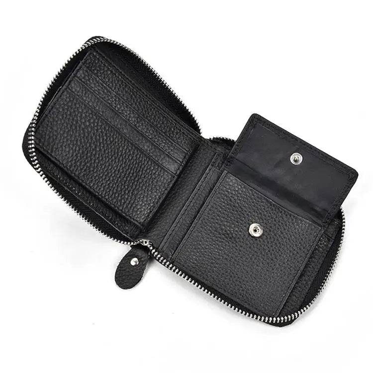 Black Soft Genuine Leather Short Wallet with Coin Pocket & Photo Holder - VacationGrabs