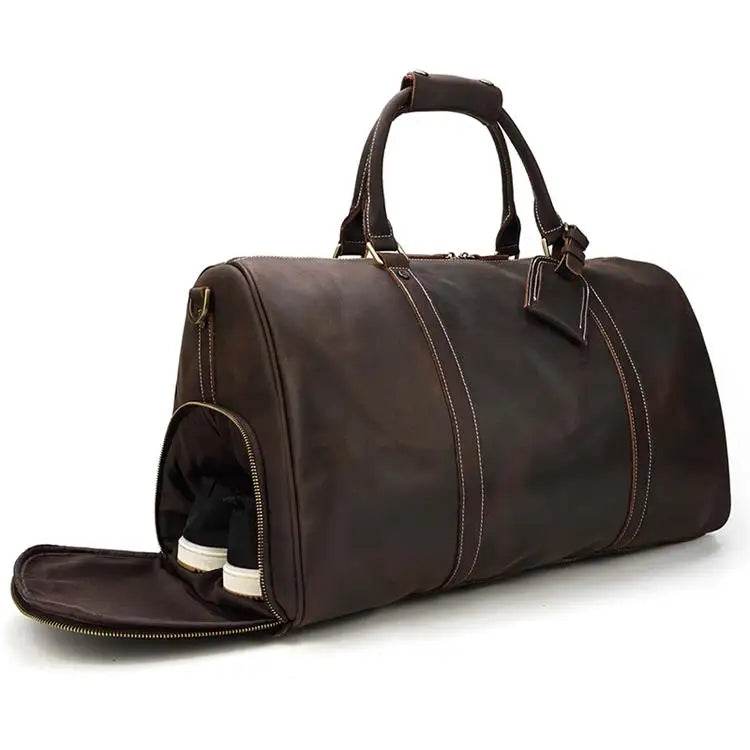 Vintage Leather Travel Duffle Bag With Shoe Pocket Weekend Bag - VacationGrabs