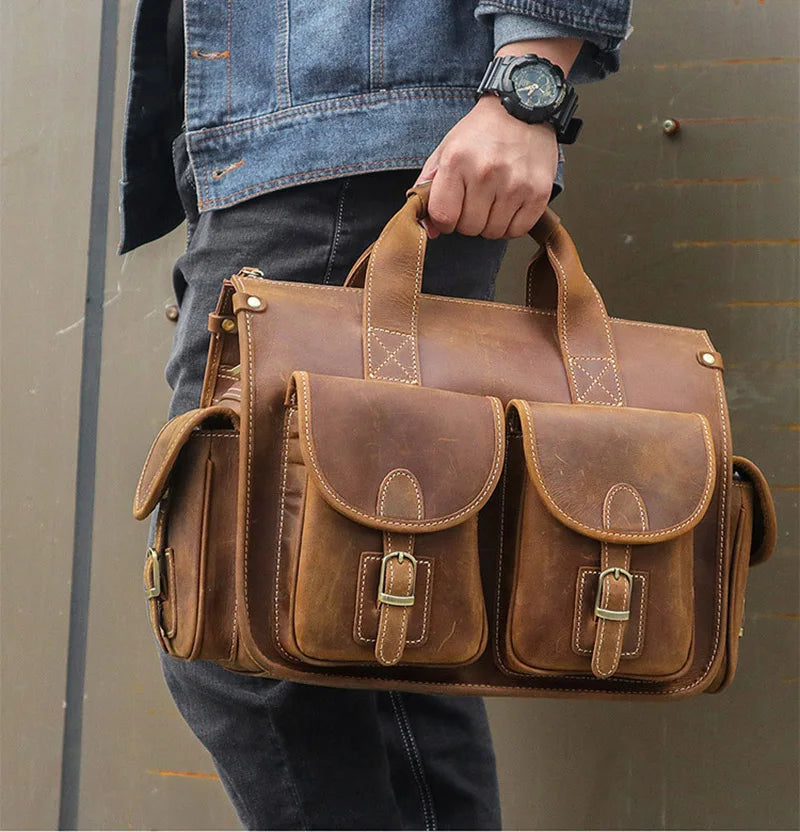 Top Grade Quality Laptop Briefcase Crazy Horse Genuine Leather Laptop Bags Notebook PC Shoulder Bag For Business Man Vintage
