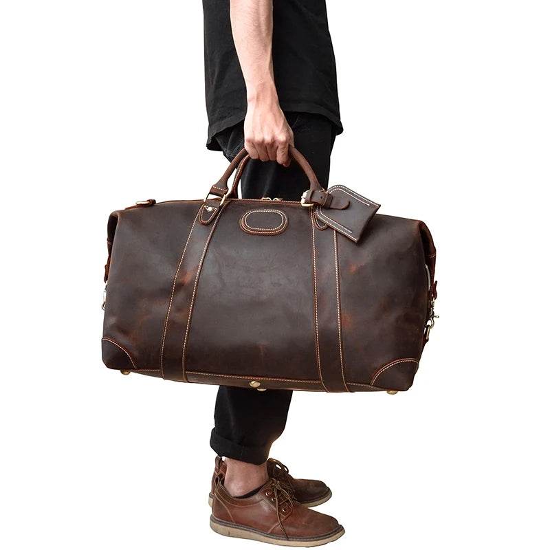 100% Genuine Crazy Horse Leather Travel Duffel Bag Rivet Design - VacationGrabs