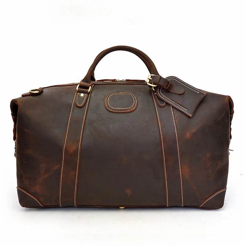 100% Genuine Crazy Horse Leather Travel Duffel Bag Rivet Design - VacationGrabs