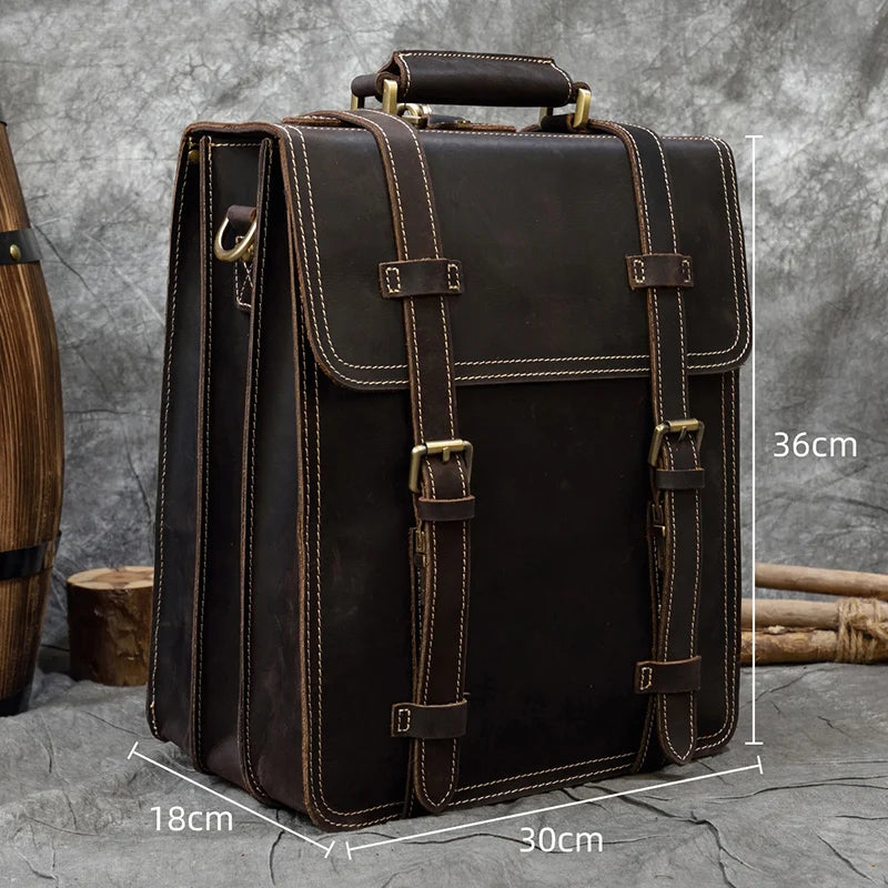 Genuine Leather Men's Backpack Crazy Horse Leather Fit 14" Laptop