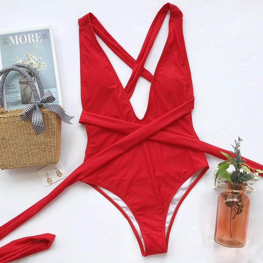 Halter Neck Deep V Tied One-Piece Swimsuit - VacationGrabs