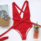Halter Neck Deep V Tied One-Piece Swimsuit - VacationGrabs