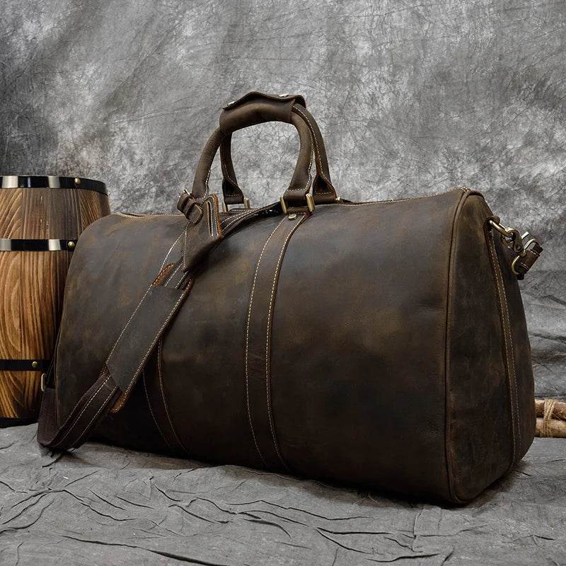Vintage Leather Weekender Bag Genuine Leather Travel Overnight - VacationGrabs