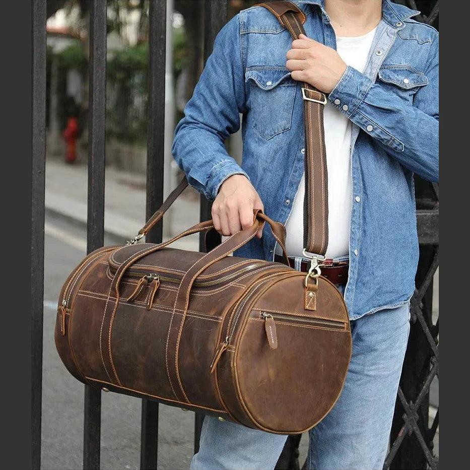 Genuine Leather Men’s Travel Bag Cowhide Shoulder Hand Luggage - VacationGrabs