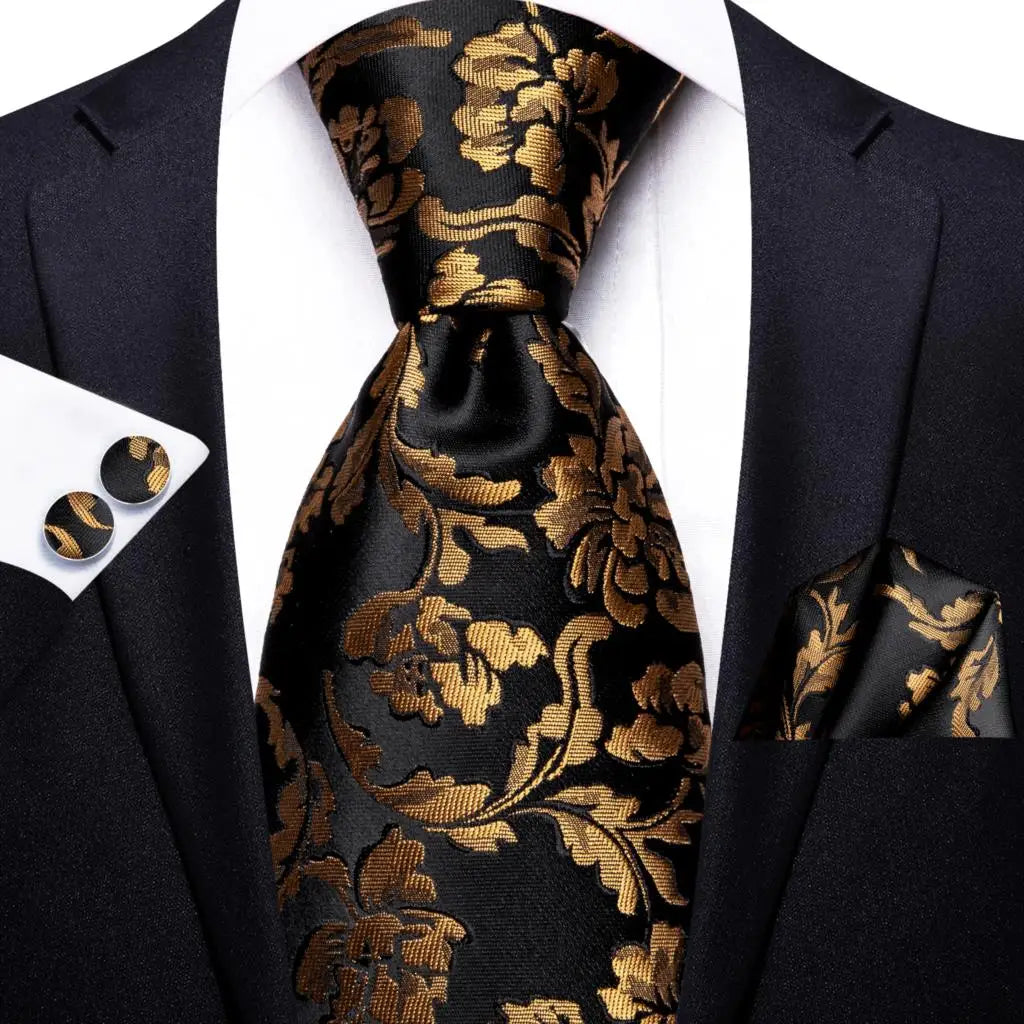 Elegant black and gold tie set with matching pocket square, learn how fold a pocket square
