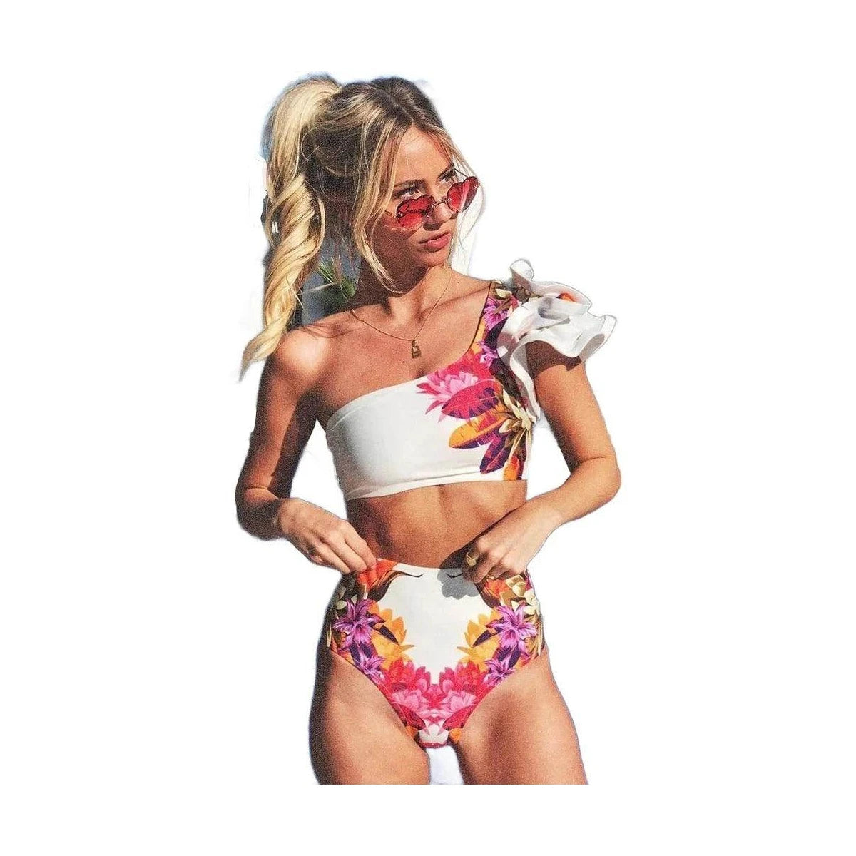 Floral White Ruffle Bikini Swimsuit - VacationGrabs