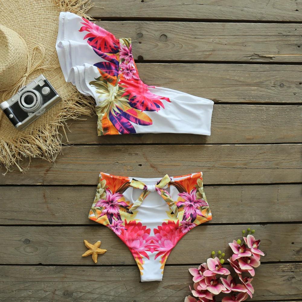 Women's Swimwear - 2PC Floral White Ruffle Bikini Swimsuit
