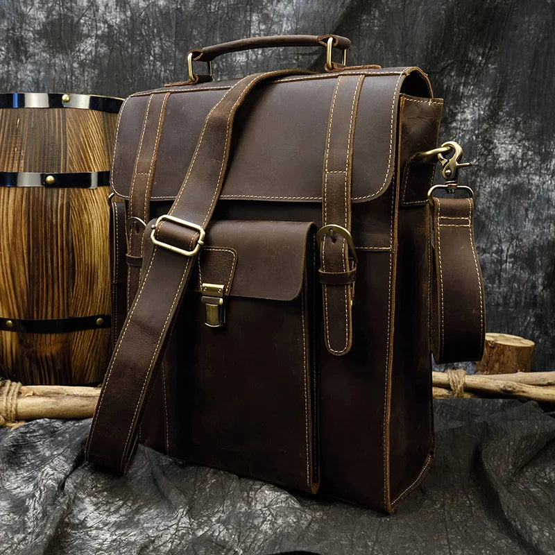 Genuine Leather Men's Backpack Crazy Horse Leather Fit 14" Laptop